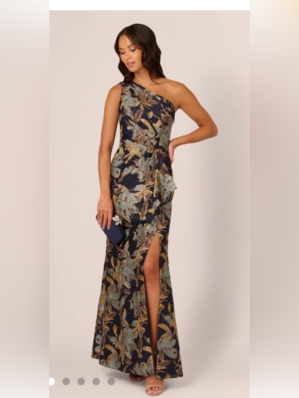 Adrianna Papell One-Shoulder Navy and gold Floral Jacquard Evening Dress